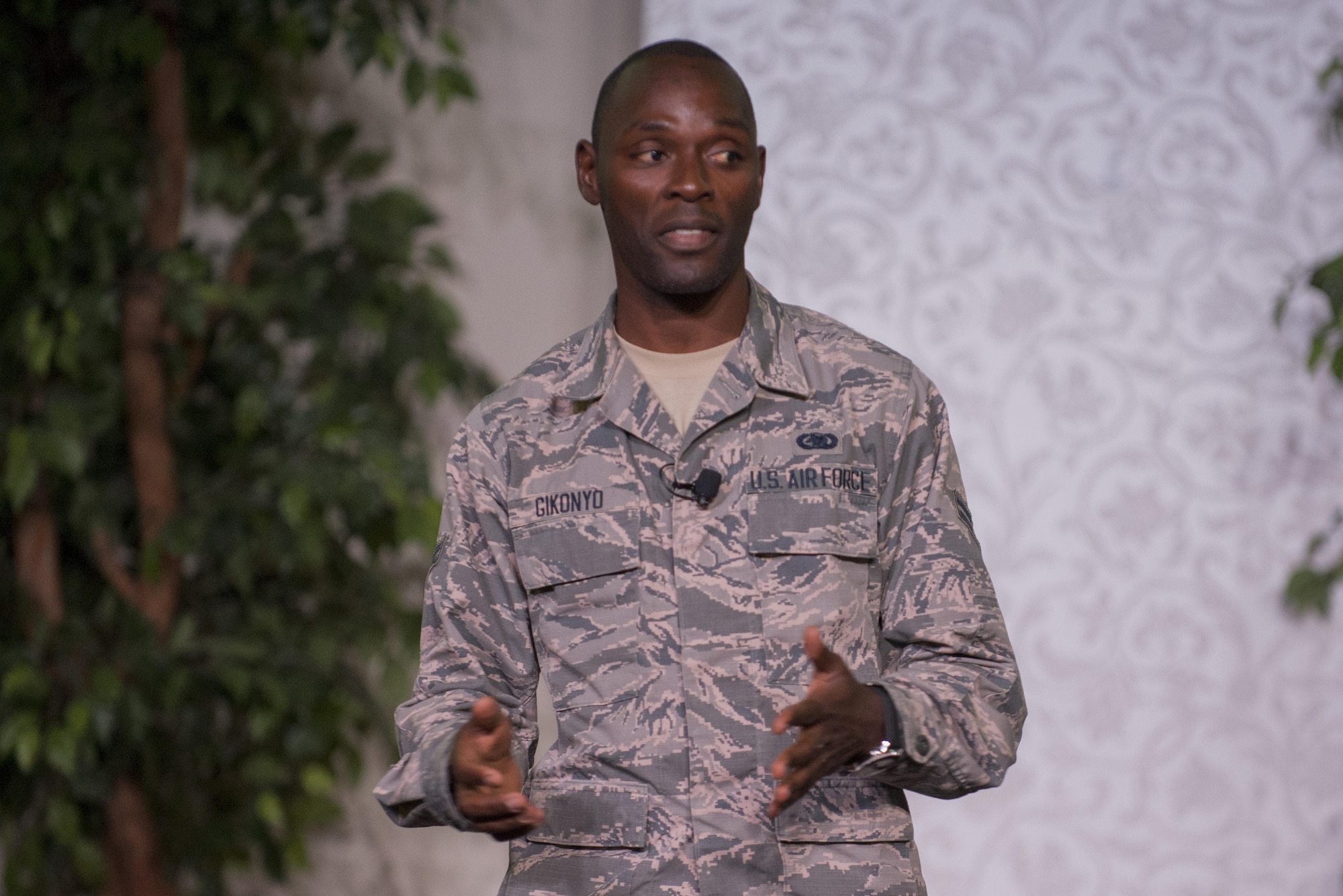 Airman 1st Class Boniface Gikonyo, 635th Supply Chain Operations Squadron, shared his story of his struggles chasing the American Dream during the Storytellers event July 26 at Scott Air Force Base, Ill. Storytellers was hosted by the Scott Air Force Base NCO Council and gave Airman stationed at Scott a chance to tell a personal story about a tough time in their life and what they did to overcome it. (U.S. Air Force photo/Senior Airman Joshua Eikren)