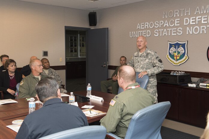 Community leaders from the state of Georgia are greeted by Maj. Gen. Daniel York, Director of Reserve Forces at NORAD and USNORTHCOM, Aug. 19, 2016.  The community leaders were part of a civic leader tour and were flown to Colorado by the 94th Airlift Wing from Dobbins ARB, Ga.  The experience allowed the civic leaders to gain a clearer understanding of the roles and missions of various military organizations with an emphasis on the Air Force Reserve. 