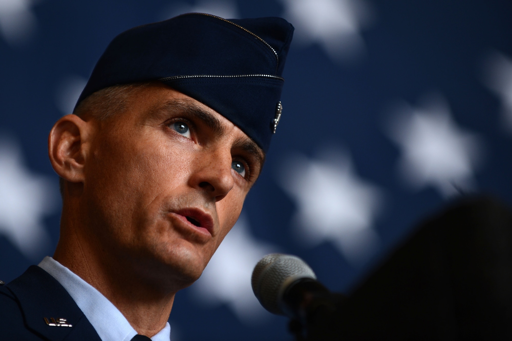 U.S. Air Force Col. Daniel Lasica, 20th Fighter Wing commander, addresses the audience during the 20th FW change of command ceremony at Shaw Air Force Base, S.C., Aug. 19, 2016. Lasica, a command pilot with more than 3,800 flight hours, serves as the senior officer responsible for the organization, training, and equipping of an 18-squadron wing including three F-16CM fighter squadrons, 17 wing staff agencies, and the health and welfare of 7,886 active-duty Airmen, Soldiers, civilians, and more than 8,000 family members. (U.S. Air Force photo by Senior Airman Michael Cossaboom)