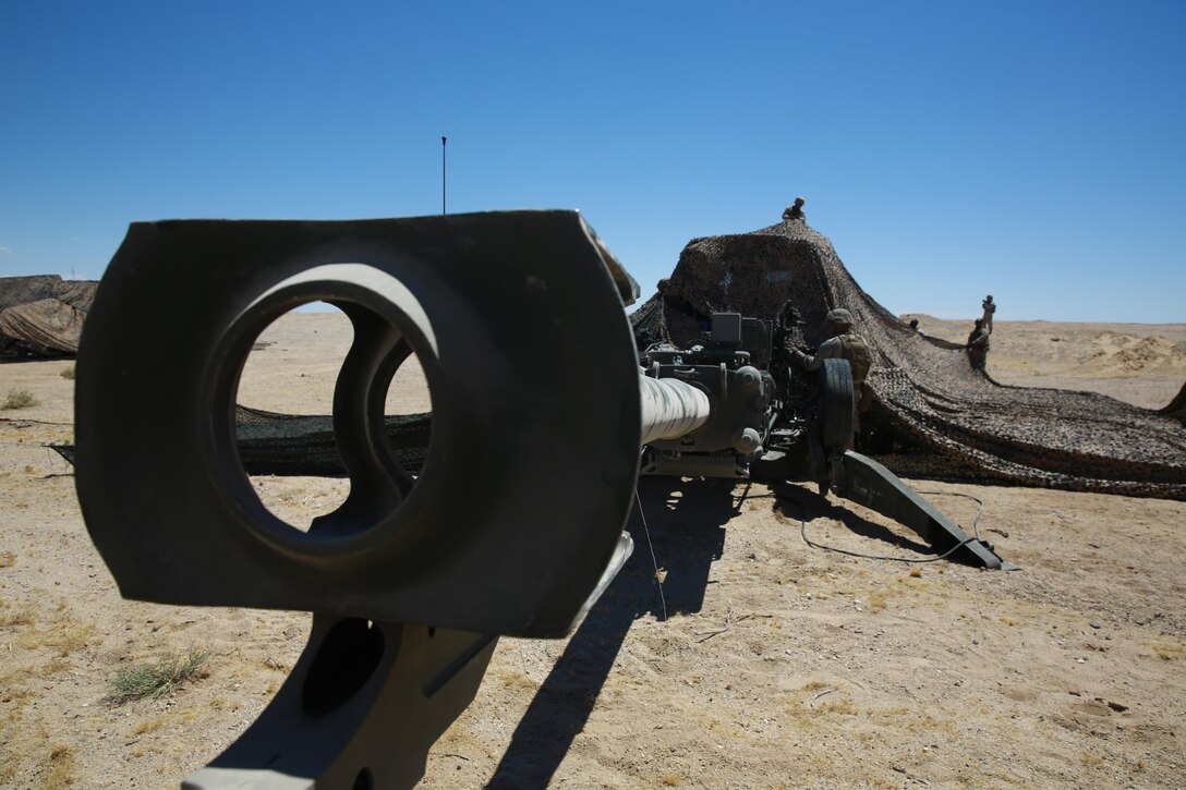 A M777A2 Howitzer with Battery I, 3rd Battalion, 12th Marine Regiment, attached to 1st Battalion, 11th Marine Regiment, 1st Marine Division is set up during Large Scale Exercise 2016 at Marine Corps Air-Ground Combat Center Twentynine Palms, Calif., Aug. 16, 2016. LSE-16 simulates the planning, deployment and combat operations of a cohesive, combat-ready team consisting of more than 50,000 military members with I Marine Expeditionary Force. (U.S. Marine Corps photo by Pvt. Robert Bliss)
