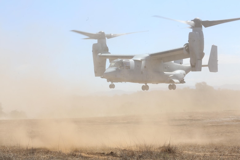 An MV-22B Osprey with Marine Medium Tiltrotor Squadron (VMM) 161 takes off from a simulated combat zone during casualty evacuation training aboard Marine Corps Base Camp Pendleton, Calif., Aug. 17. Marines with VMM-161 conducted the exercise in support of 5th Battalion, 11th Marine Regiment, in order to increase proficiency in conducting CAS EVACs. (U.S. Marine Corps photo by Pfc. Jake M. T. McClung/Released)