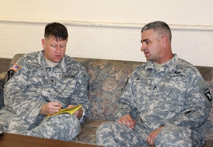 MUSCATATUCK URBAN TRAINING CENTER, Ind. - Army Reserve Public Affairs Soldier, Sgt. Quentin Johnson, interviewed Staff Sgt. Chad Field, of Echo Forward Support Company, 326th Brigade Engineer Battalion, 1st Brigade Combat Team on August 14th, 2016. Staff Sgt. Field discussed the methodology he brings to conducting Chemical Biological Radiological, and Nuclear training for his troops, in the 101st Airborne Division. (U.S. Army Reserve photo by Sergeant Michael Adetula, U.S. Army Reserve/Released)