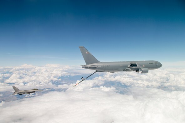 A KC-46A Pegasus prepares to refuel an Edwards AFB F-16 Fighting Falcon July 13, 2016 over the northwest United States. (U.S. Air Force photo by Christopher Okula)