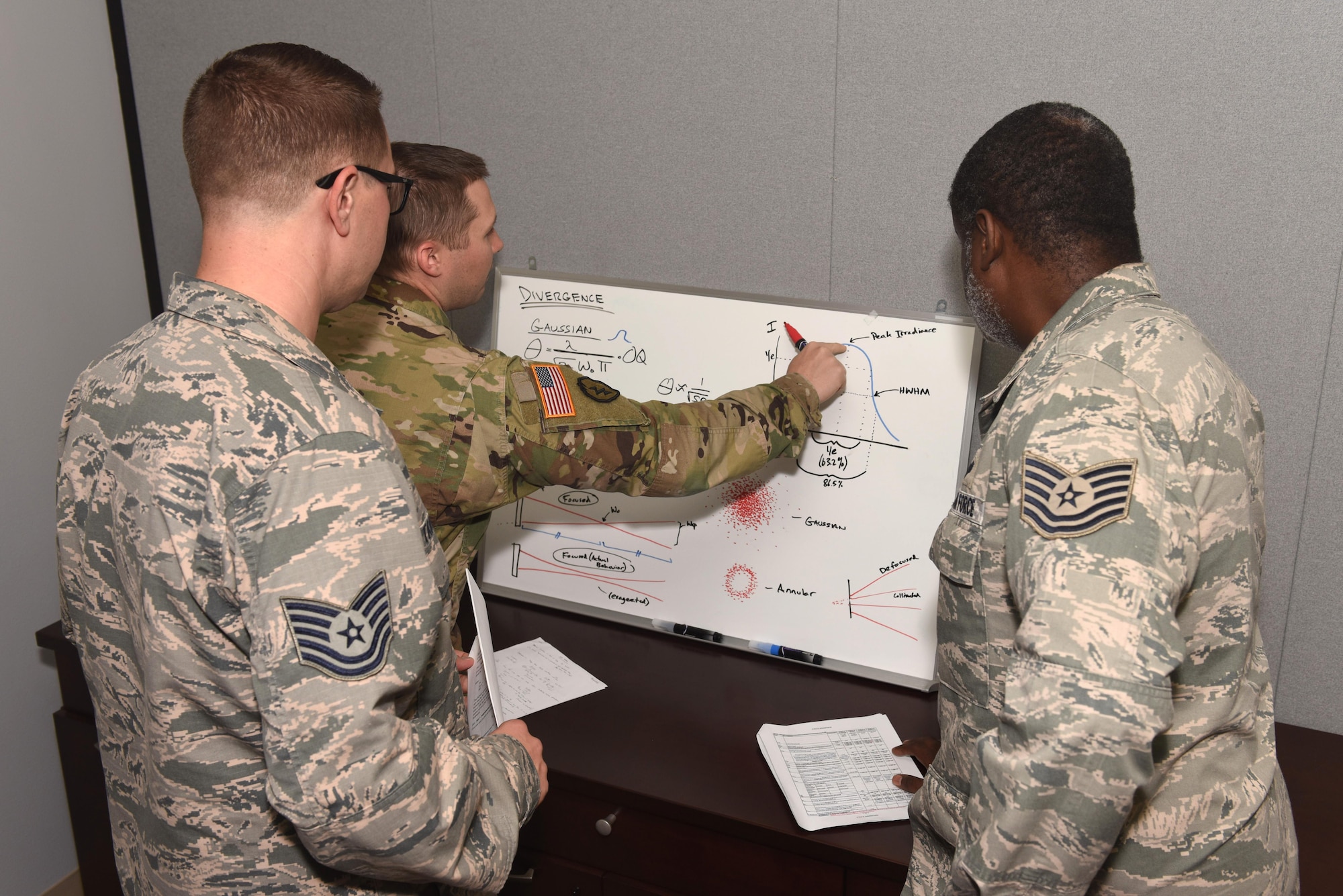 Army Capt. Austin Baker, Joint Space Operations Center Laser Clearinghouse chief, Tech. Sgt. Joshua Tarrant, JSpOC LCH NCOIC, and Tech. Sgt. Jeffrey Orr, JSpOC LCH technician, conduct training on laser divergence, Aug. 18, 2016, Vandenberg Air Force Base, Calif. Laser divergence is a critical parameter when determining the amount of energy a satellite in orbit may receive from a given laser. The three-man shop within the JSpOC is responsible for the registration, scheduling and deconfliction of a wide range of laser programs. (U.S. Air Force photo by Airman 1st Class Robert J. Volio/Released)