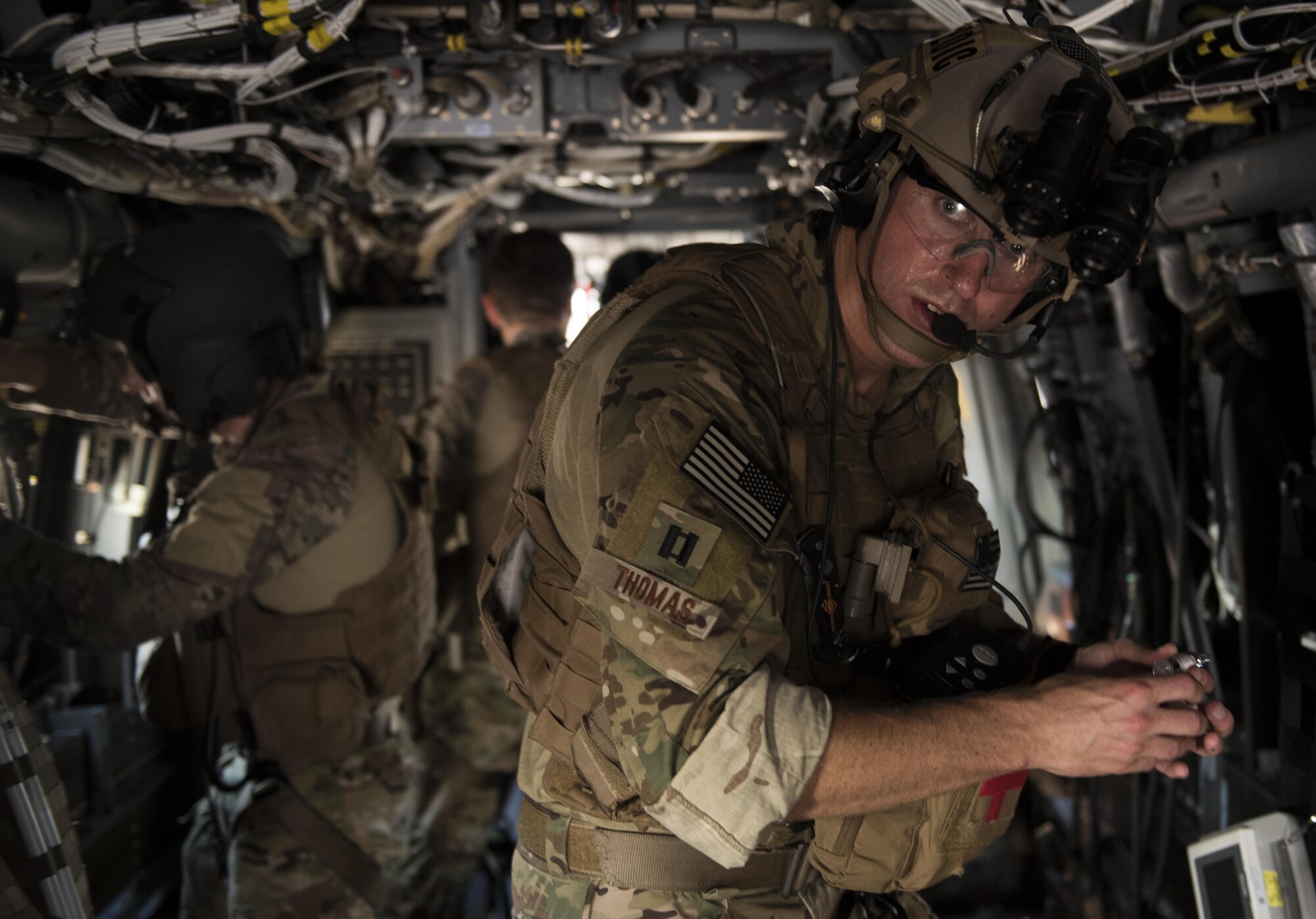 Capt. Aaron Thomas, a flight surgeon with the 1st Special Operations Medical Group, prepares his medical gear during Task Force Exercise Olympus Archer at Wright Patterson Air Force Base, Ohio, Aug. 18, 2016. Olympus Archer focuses on maximizing training opportunities for more than 230 Air Commandos, with the 1st Special Operations Wing, emphasizing on medical operations in conjunction with flying operations. (U.S. Air Force photo by Staff Sgt. Christopher Callaway)