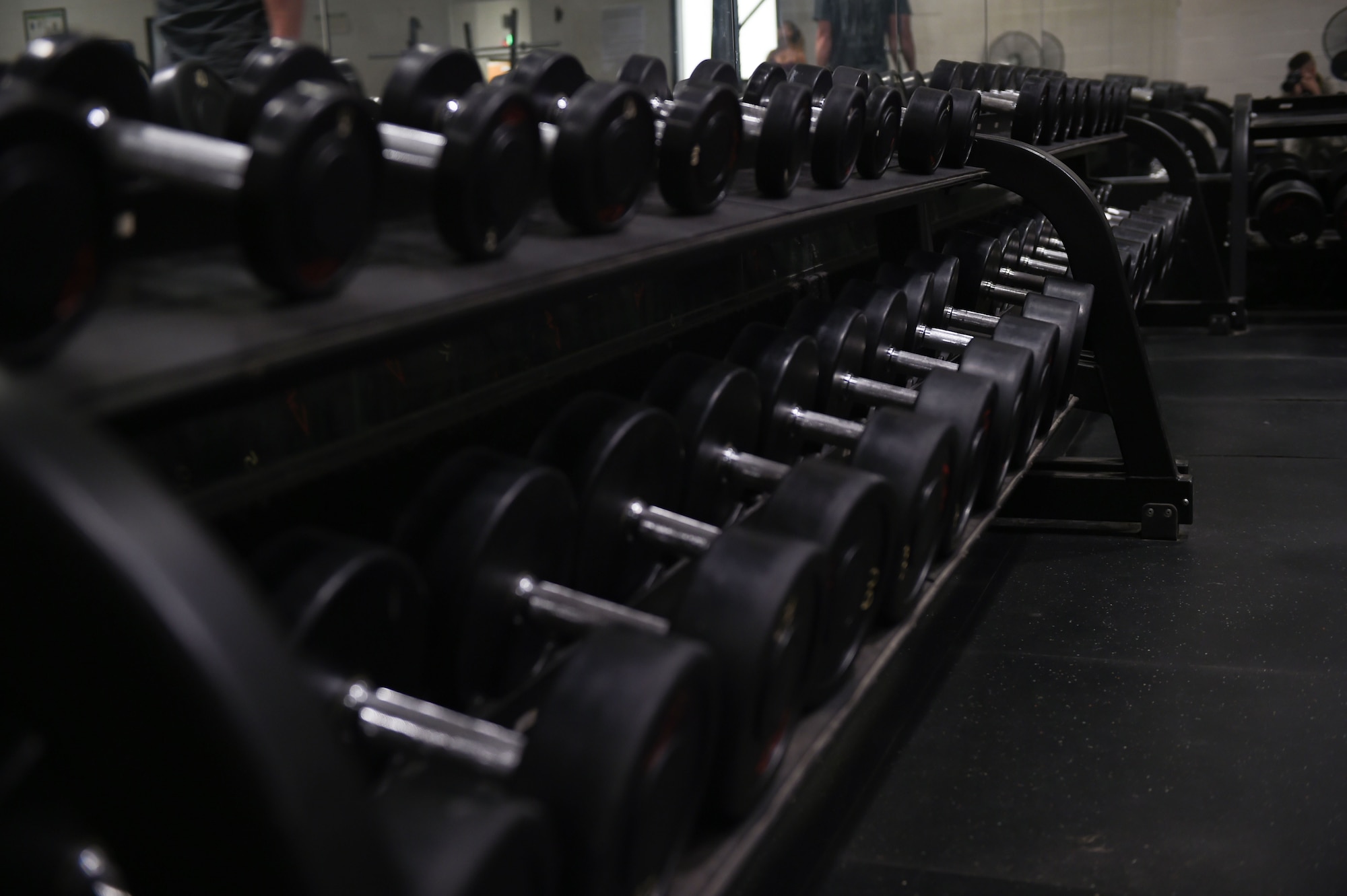 Dumbbell free-weights available for use at the Dyess Fitness Center Aug. 10, 2016, at Dyess Air Force Base, Texas. The Fitness Center recently transferred more than 60 pieces of outdated exercise equipment to the Defense Reutilization and Marketing Office. The 7th Force Support Squadron continually evaluates and updates equipment to ensure Team Dyess Airmen are physically ready to conduct their mission. (U.S. Air Force photo by Airman 1st Class Quay Drawdy/Released)