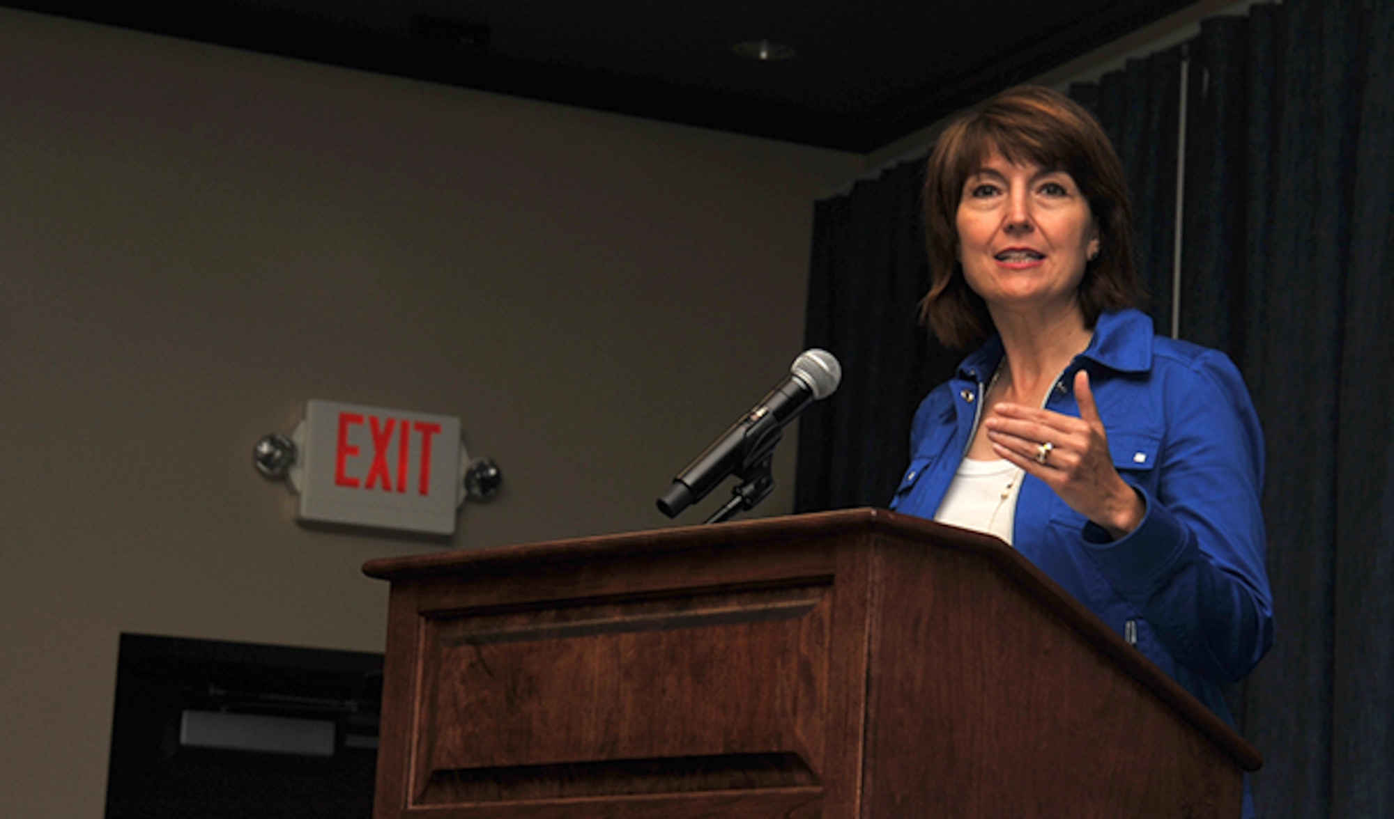 U.S. Rep. Cathy McMorris Rodgers of Wash. state, speaks to military members and their families during a Military Family Summit Aug. 18, 2016, at the Red Morgan Center at Fairchild Air Force Base,Wash. Various topics were covered to include: pay and benefits, community integration and transition, employment, health care, housing, the Exceptional Family Member Program, deployments and education. 
(U.S. Air Force photo/ Staff Sgt. Samantha Krolikowski)
