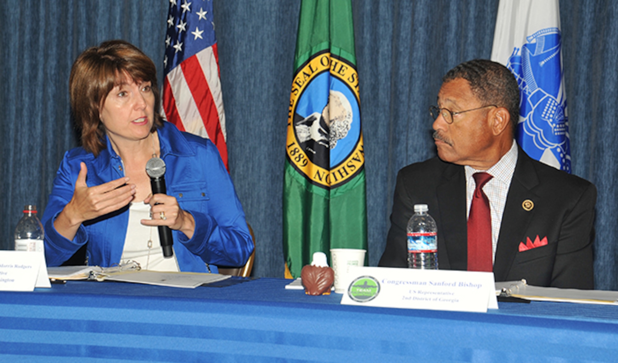 U.S. Rep. Cathy McMorris Rodgers of Wash. state, answers a question from the audience during a Military Family Summit Aug. 18, 2016, at the Red Morgan Center. According to McMorris Rodgers, the goal of the summit is to bring together members of Congress, administration officials and service members and their families in a common purpose to draw attention to the needs of military families and advocate legislative ideas on their behalf. (U.S. Air Force photo/Staff Sgt. Samantha Krolikowski) 