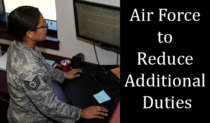 Tech. Sgt. Laronica Docken, 92nd Air Refueling Wing command support staff, reads over a memorandum from the Secretary of the Air Force titled “Reducing Additional Duties,” Aug. 19, 2016, at Fairchild Air Force Base, Wash. As the first step in a long-term effort to reduce the burden on Airmen and allow them more time to focus on core missions, the Air Force conducted an assessment of each of the 61 additional duties identified under Air Force Instruction 38-206, “Additional Duty Management.” Based on this review, 29 of the 61 duties will be adjusted in a way that reduces the workload for Airmen. “We all must commit to making continuous improvements to reduce excessive demands on Airmen’s time,” said Deborah Lee James, Secretary of the Air Force. Airmen can expect these changes no later than Oct. 1, 2016.” (U.S. Air Force photo/Airman 1st Class Taylor Shelton) 