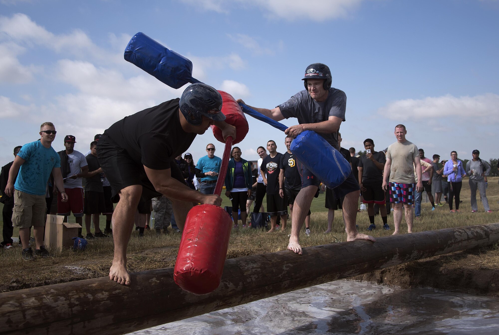 Ryan Wells, 90th Comptroller Squadron, swings at his opponent during the annual Frontiercade jousting competition at F.E. Warren Air Force Base, Wyo., Aug. 19, 2016. Wells went on to win the jousting tournament, helping the CPTS team get the second place award for small units.  (U.S. Air Force photo by Senior Airman Brandon Valle)