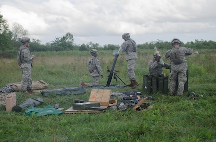 CAMP ATTERBURY, Ind. --  Sgt. Herrera (left) and his mortar crew fire 81mm mortar rounds in support of 2nd Battalion, 151st Infantry Regiment (Indiana National Guard) maneuver live fire exercise. This exercise is part of the Exportable Combat Training Capability designed to certify platoon proficiency locally while still providing a similar training experience as a Combat Training Center but minimize costs. (Photo by SGT Raymond Maldonado, 206th Broadcast Operations Detachment)