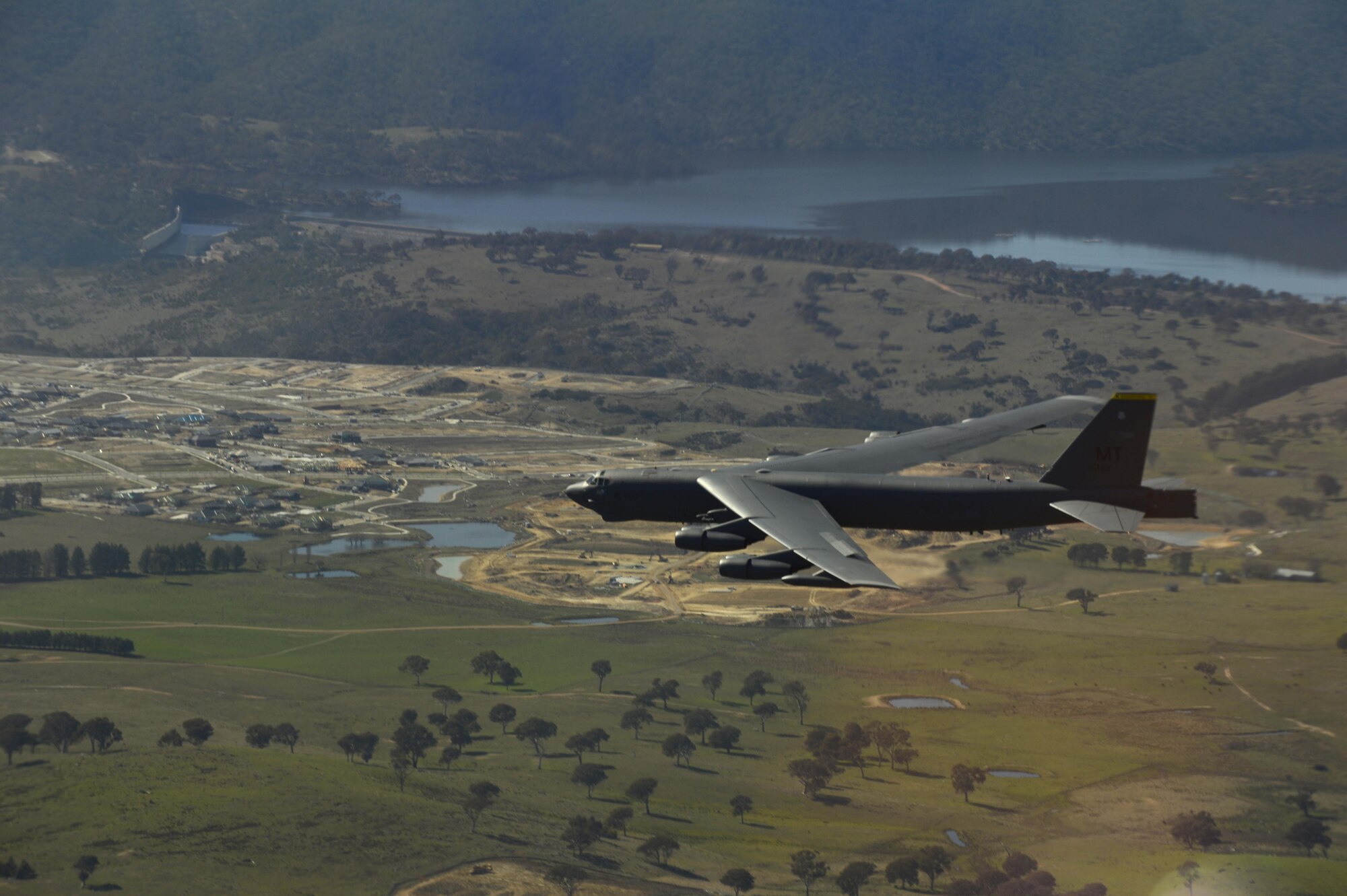 A U.S. Air Force B-52H Stratofortress conducts a training mission over the Delamere Training Range in Northern Australia during Exercise Pitch Black, Aug. 18, 2016. PB16, a multilateral exercise hosted by Australia from Jul. 29 through Aug. 19, allowed participant nations to exercise deployed units in the tasking, planning and execution of offensive counter air and offensive air support while utilizing one of the largest training airspace areas in the world. (U.S. Air Force photo by Staff Sgt. Sandra Welch)