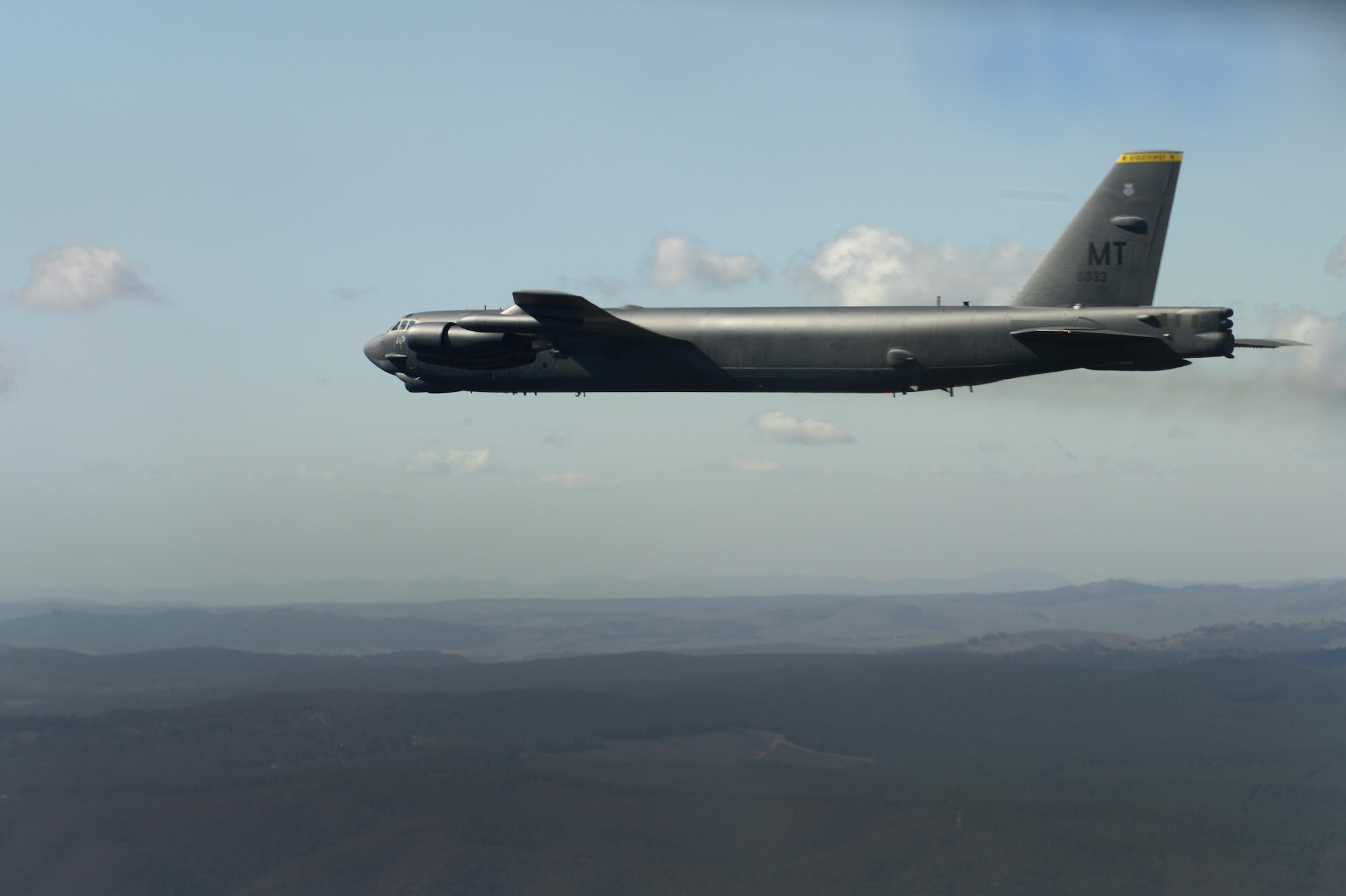 A U.S. Air Force B-52H Stratofortress conducts a training mission over the Delamere Training Range in Northern Australia during Exercise Pitch Black, Aug. 18, 2016. PB16, a multilateral exercise hosted by Australia from Jul. 29 through Aug. 19, allowed participant nations to exercise deployed units in the tasking, planning and execution of offensive counter air and offensive air support while utilizing one of the largest training airspace areas in the world. (U.S. Air Force photo by Staff Sgt. Sandra Welch)