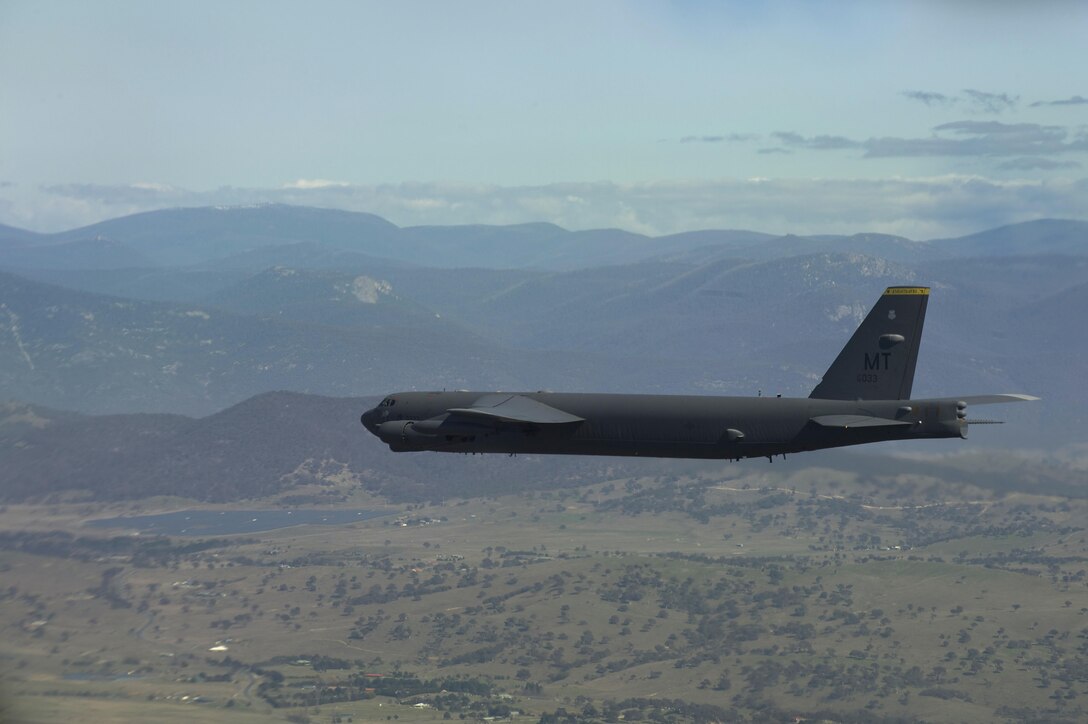A U.S. Air Force B-52H Stratofortress conducts a training mission over the Delamere Training Range in Northern Australia during Exercise Pitch Black, Aug. 18, 2016. PB16, a multilateral exercise hosted by Australia from Jul. 29 through Aug. 19, allowed participant nations to exercise deployed units in the tasking, planning and execution of offensive counter air and offensive air support while utilizing one of the largest training airspace areas in the world. (U.S. Air Force photo by Staff Sgt. Sandra Welch)
