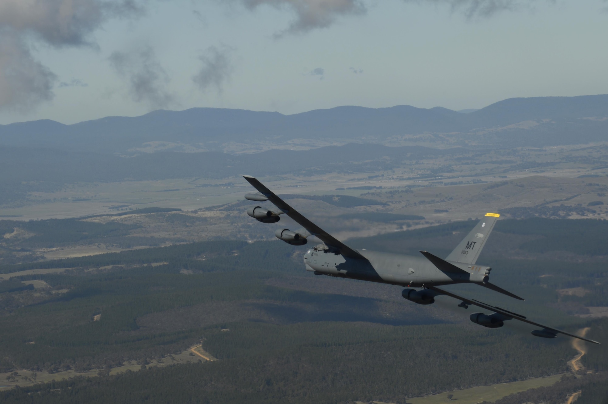 A U.S. Air Force B-52H Stratofortress conducts a training mission over the Delamere Training Range in Northern Australia during Exercise Pitch Black, Aug. 18, 2016. PB16, a multilateral exercise hosted by Australia from Jul. 29 through Aug. 19, allowed participant nations to exercise deployed units in the tasking, planning and execution of offensive counter air and offensive air support while utilizing one of the largest training airspace areas in the world. (U.S. Air Force photo by Staff Sgt. Sandra Welch)