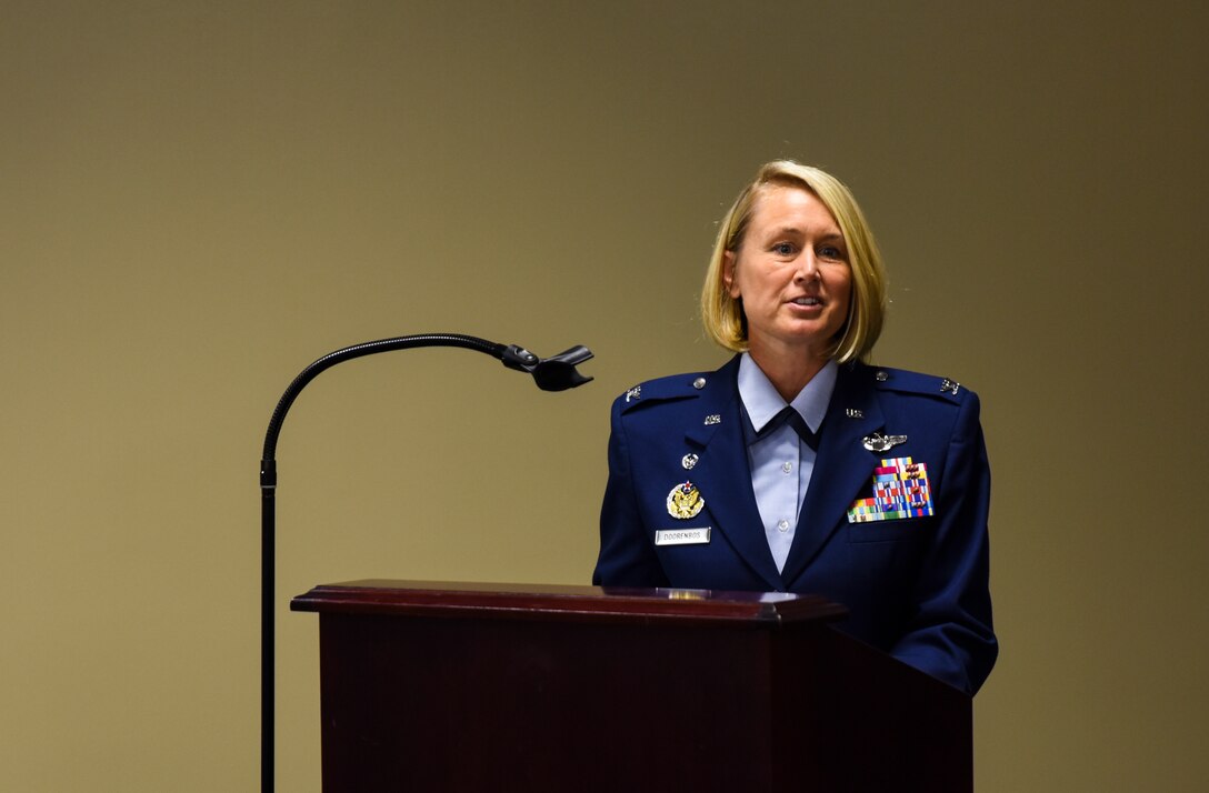 Col. Bobbi Doorenbos, 188th Wing commander, emphasizes the effect Chief Master Sgt. Bryan Peters had with the 188th Wing during his retirement ceremony Aug. 7, 2016, at Ebbing Air National Guard Base, Fort Smith, Ark. Peters, 188th Force Support Squadron supervisor, has served in the Air National Guard for over 24 years, all with the 188th Wing. (U.S. Air National Guard photo by Senior Airman Cody Martin)