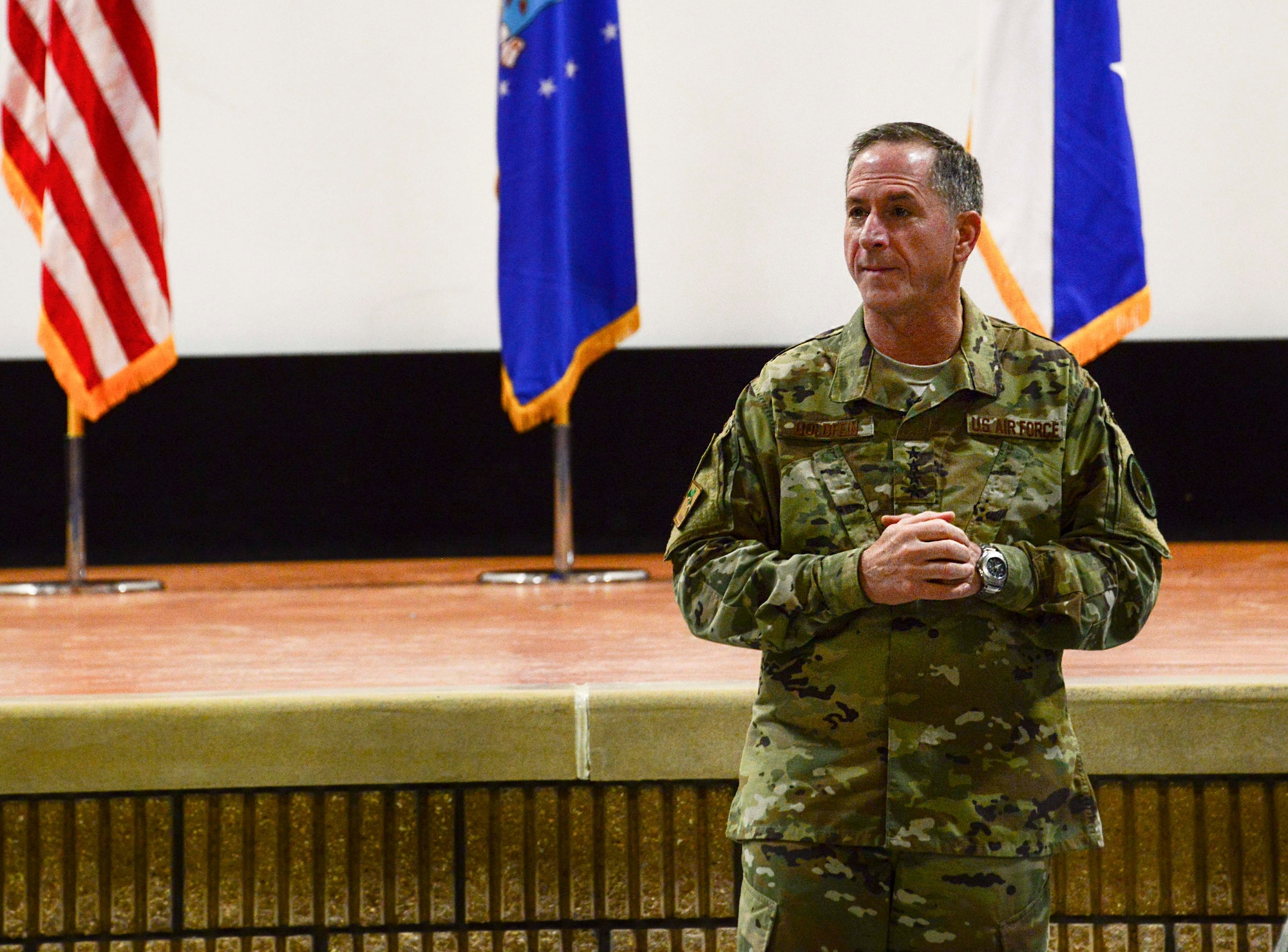Chief of Staff of the Air Force Gen. David L. Goldfein discusses his top priorities with deployed Airmen during an all-call Aug. 14, 2016, at Al Udeid Air Base, Qatar. Goldfein also discussed the current state of the Air Force and what he envisions as the future of the force. (U.S. Air Force photo/Senior Airman Janelle Patiño/Released)