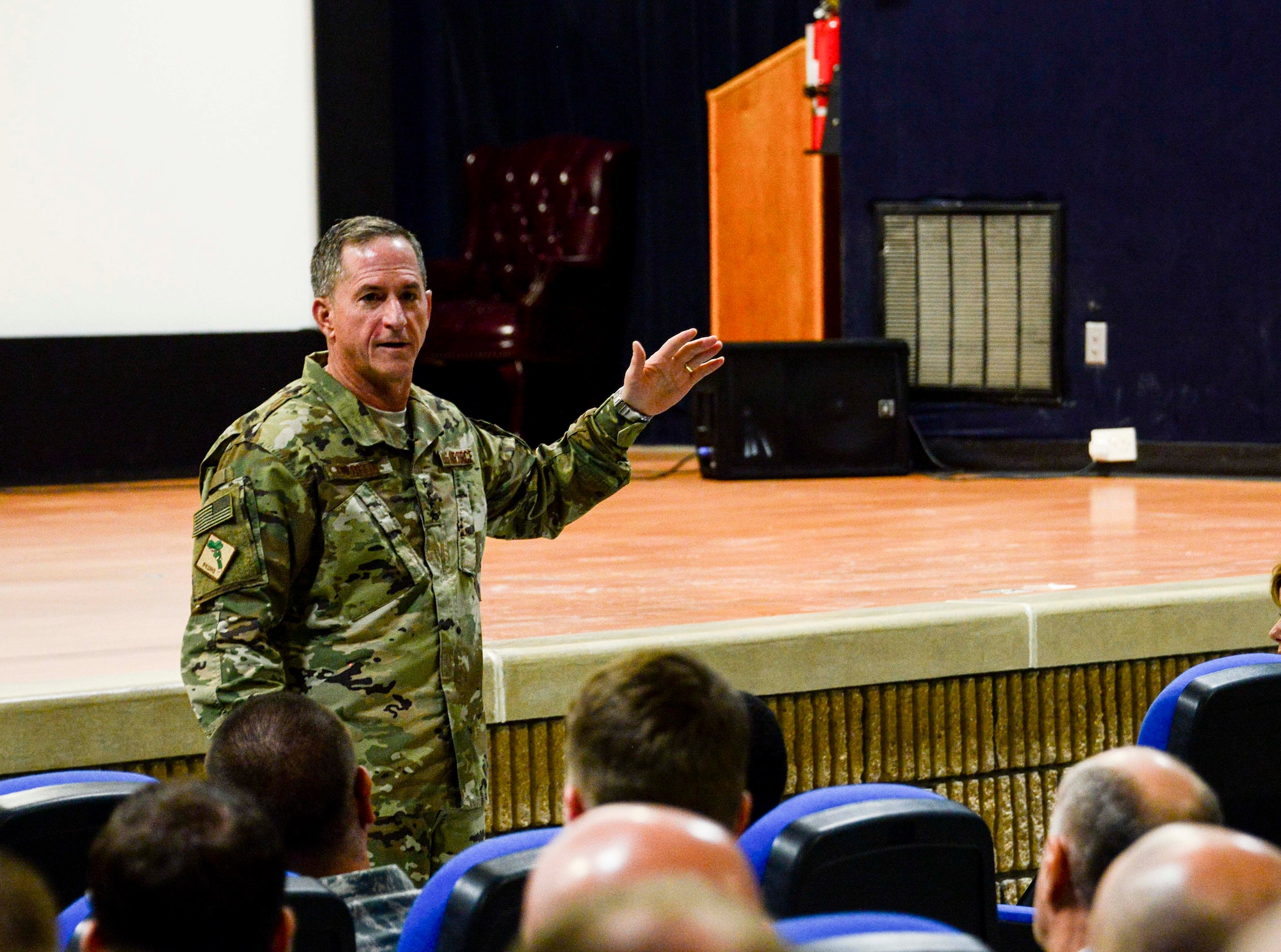 Chief of Staff of the Air Force Gen. David L. Goldfein speaks with Airmen during an all-call Aug. 14, 2016, at Al Udeid Air Base, Qatar. Goldfein visited Al Udeid to speak with deployed Airmen about his top priorities, the future of the Air Force and the Airmen’s role in the ongoing fight against terrorism. (U.S. Air Force photo/Senior Airman Janelle Patiño/Released)