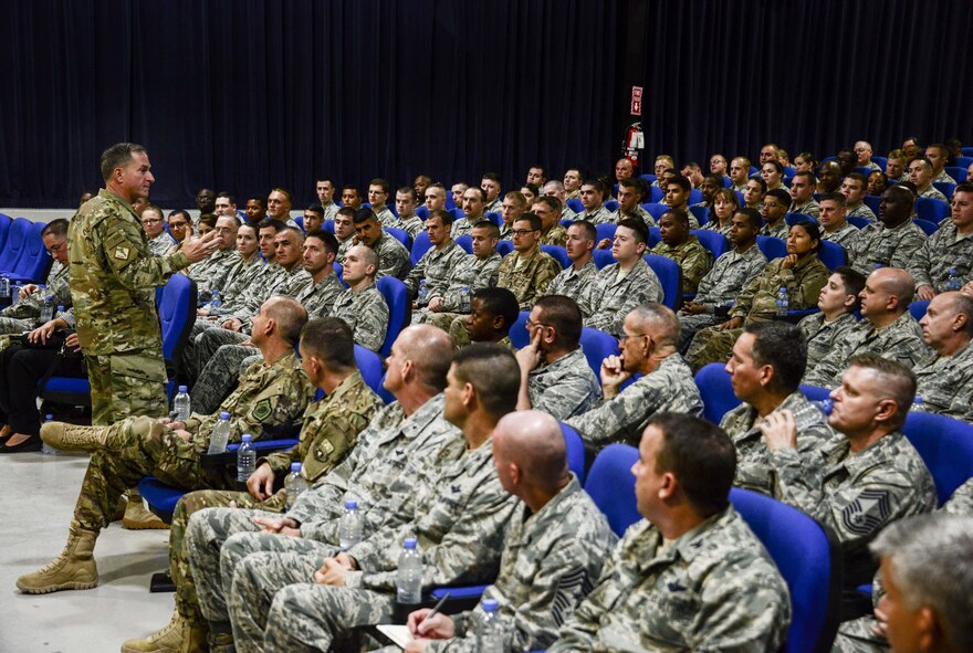 Chief of Staff of the Air Force Gen. David L. Goldfein addresses Airmen during an all-call Aug. 14, 2016, at Al Udeid Air Base, Qatar. Goldfein spoke with deployed Airmen about his top priorities, the future of the Air Force and the Airmen’s role in the ongoing fight against terrorism. (U.S. Air Force photo/Senior Airman Janelle Patiño/Released)