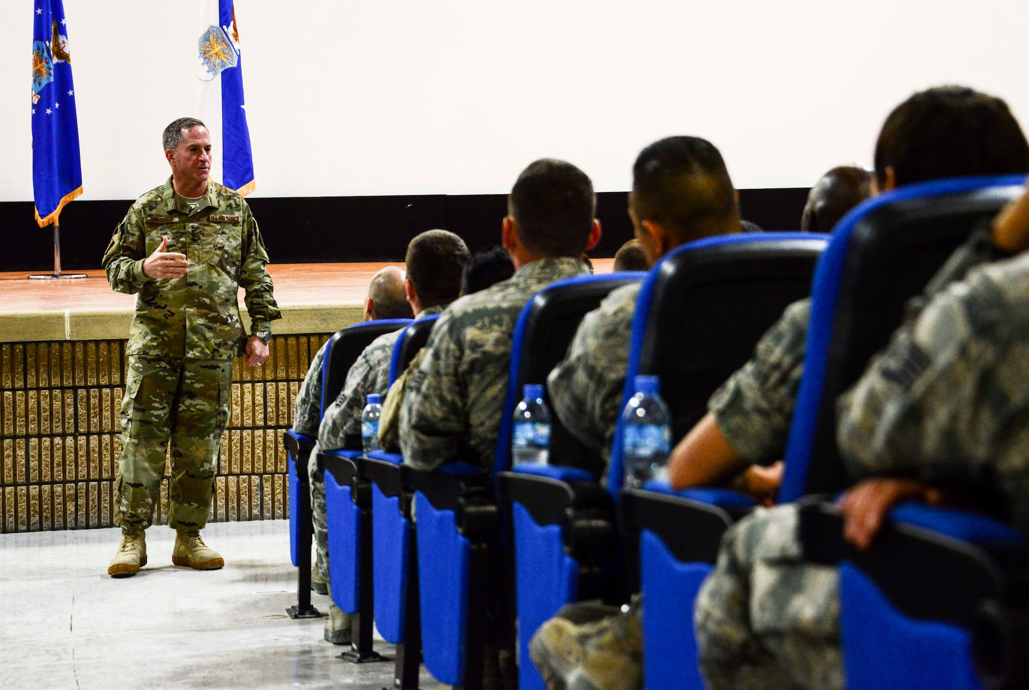 Chief of Staff of the Air Force Gen. David L. Goldfein discusses his top priorities with deployed Airmen during an all-call Aug. 14, 2016, at Al Udeid Air Base, Qatar. Goldfein discussed the current state of the Air Force and what he envisions as the future of the force. (U.S. Air Force photo/Senior Airman Janelle Patiño/Released)
