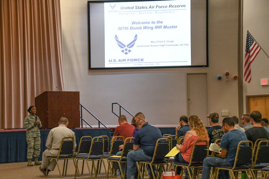 U.S. Air Force Maj. LaTisha Creagh, assigned to the 307th Force Support Squadron, welcomes and gives instructions to Airmen assigned to the Individual Ready Reserves (IRR) on Barksdale Air Force Base, La., Aug. 20, 2016. During the Muster, IRR Airmen receive briefings on member responsibilities as well as available Veteran’s benefits and career opportunities. (U.S. Air Force Photo by Master Sgt. Dachelle Melville/Released)
