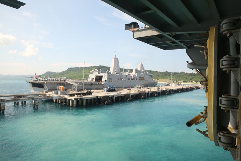 WHITE BEACH, OKINAWA, Japan – The USS Green Bay, as seen from the lower decks of the USS Bonhomme Richard Aug. 21, 2016.  Marines and Sailors of the 31st Marine Expeditionary Unit have embarked onto the USS Bonhomme Richard Amphibious Ready Group, beginning their annual fall patrol from White Beach, Okinawa, Japan. This regularly-scheduled patrol of the Pacific region is designed to enhance interoperability between the U.S. partner nations. (U.S. Marine Corps photo by Lance Cpl. David A. Diggs/Released)