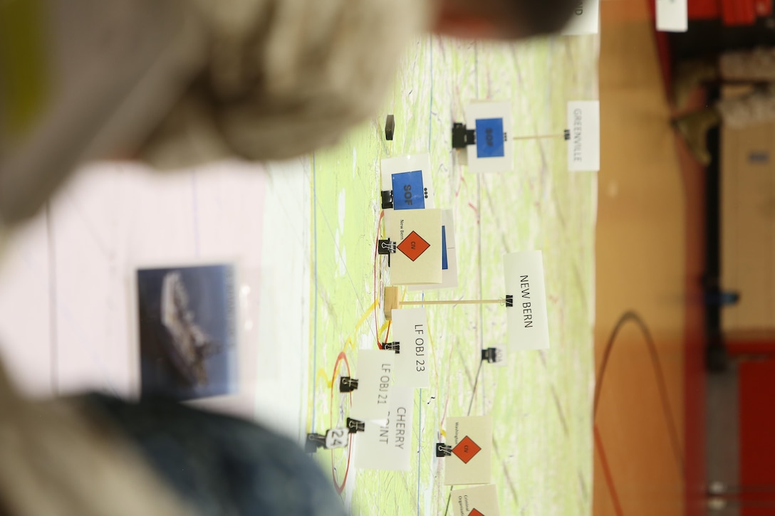 The map layout used to brief at the rehearsal of concepts drill during Bold Alligator 2016 at Camp Allen in Norfolk, Va., Aug. 13, 2016. BA16 focuses on improving Navy-Marine Corps amphibious core competencies along with coalition, North Atlantic Treaty Organization, Allied and partner nations as an investment in the current and future readiness of naval forces.