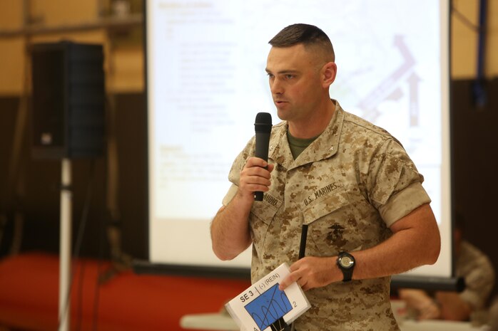 U.S. Marine Corps Lt. Col. Andrew DelGaudio briefing at the rehearsal of concepts drill during Bold Alligator 2016 at Camp Allen in Norfolk, Va., Aug. 13, 2016. BA16 focuses on improving Navy-Marine Corps amphibious core competencies along with coalition, North Atlantic Treaty Organization, Allied and partner nations as an investment in the current and future readiness of naval forces.