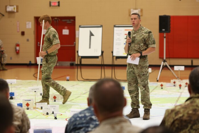 Members of the Royal Marines during the rehearsal of concepts brief in exercise Bold Alligator 2016 at Camp Allen in Norfolk, Va., Aug. 13, 2016. BA16 focuses on improving Navy-Marine Corps amphibious core competencies along with coalition, North Atlantic Treaty Organization, Allied and partner nations as an investment in the current and future readiness of naval forces.