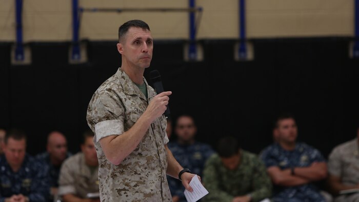 U.S. Marine Corps Brig. Gen. Robert F. Castellvi, commanding general, 2nd Marine Expeditionary Brigade, speaks to Marines, sailors, and partner nation service members after the rehearsal of concepts drill during Bold Alligator 2016 at Camp Allen in Norfolk, Va., Aug. 13, 2016. BA16 focuses on improving Navy-Marine Corps amphibious core competencies along with coalition, North Atlantic Treaty Organization, Allied and partner nations as an investment in the current and future readiness of naval forces.