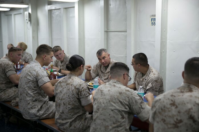 Commander, U.S. Marine Corps Forces Command, Lt. Gen. John E. Wissler, speaks with U.S. Marines participating in Bold Alligator 2016 during a visit aboard the amphibious assault ship USS Bataan (LHD 5) Aug 17, 2016. BA16 focuses on improving Navy-Marine Corps amphibious core competencies along with coalition, North Atlantic Treaty Organization, Allied and partner nations as an investment in the current and future readiness of naval forces. BA16 is taking place Aug. 15-26, 2016, along the eastern seaboard.