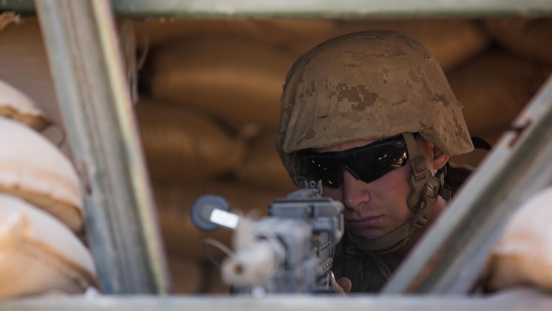 Pfc. Tyler Ren, from Allenton, Mich., provides security at an entry-control point during I Marine Expeditionary Force Exercise 2016 at Marine Corps Air Station Miramar, Calif., Aug. 17, 2016. LSE-16 is designed to enhance the command and control and interoperability between I MEF command-element staff and its higher, adjacent and subordinate command headquarters. The exercise includes cyber and electronic warfare, information support operations, and simulated and live-fire events.