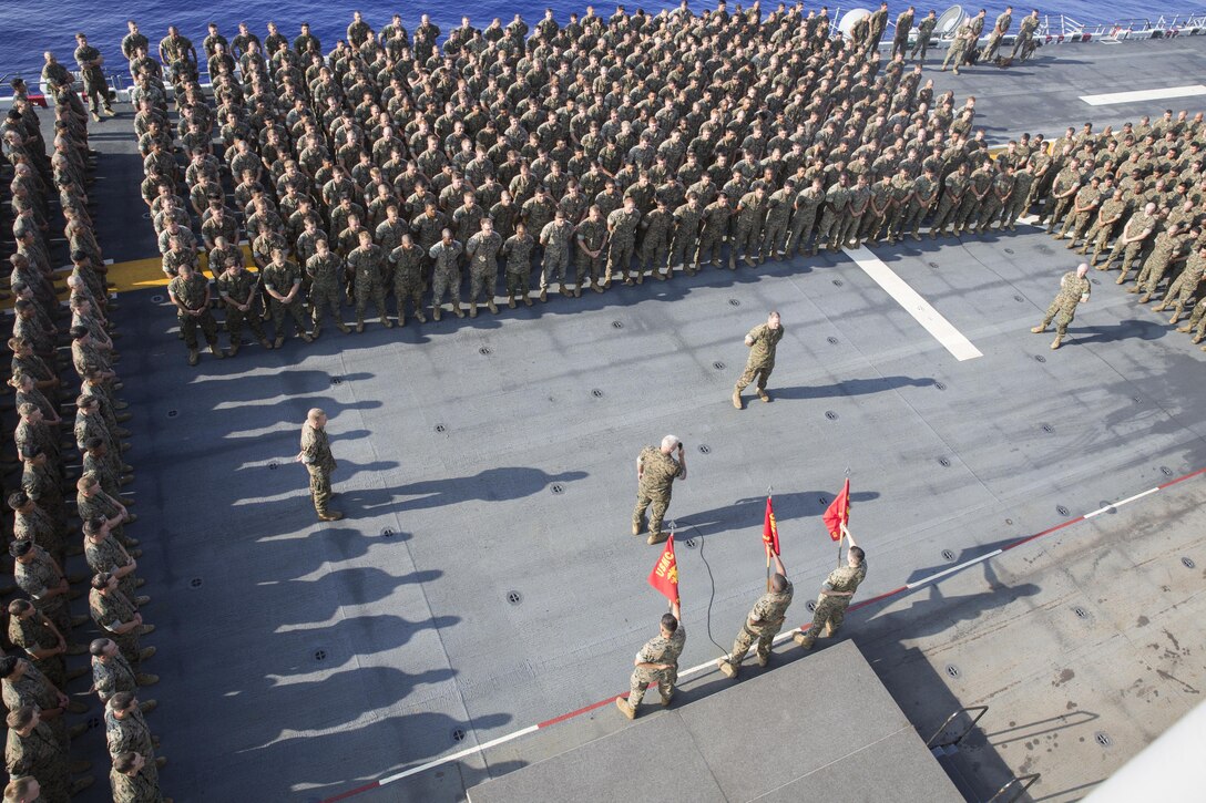 Sgt. Maj. Jim Lanham, 31st Marine Expeditionary Unit sergeant major, addresses the Marines and Sailors assigned to the 31st MEU for the first time since setting sail on the USS Bonhomme Richard, at sea, in Japan on Aug. 22, 2016. The 31st MEU is currently underway and on patrol around the Asia-Pacific region.The 31st MEU is the Marine Corps’ only continuously forward-deployed Marine Air-Ground Task Force, and combines air-ground-logistics into a single team capable of addressing a wide variety of military operations in the Asia-Pacific region – from force projection and maritime security to humanitarian assistance and disaster relief in cooperation with host countries and partner militaries. (U.S. Marine Corps photo by Lance Cpl. Jay Parks, 31st Marine Expeditionary Unit/ Released)