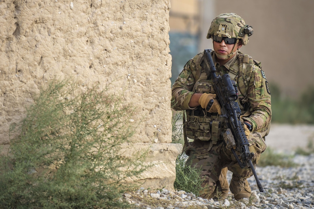 Army Spc. David Cruz guards the perimeter during a joint mass casualty and extraction exercise at Bagram Airfield, Afghanistan, Aug. 18, 2016. Cruz is assigned to the 717th Explosive Ordinance Disposal Unit. The joint exercise called on EOD to identify, remove and dispose of ordnance in the area and from crashed vehicles carrying explosives. Air Force photo by Senior Airman Justyn M. Freeman