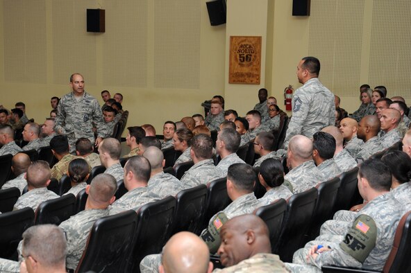 Lt. Gen. Jeffrey Harrigian, U.S. Air Forces Central Command commander, answers a question from a member of the 386th Air Expeditionary Wing during an all call Aug. 21, 2016, at an undisclosed location in Southwest Asia. Harrigian made his first visit to the base after taking command of AFCENT last month. (U.S. Air Force photo/Senior Airman Zachary Kee)