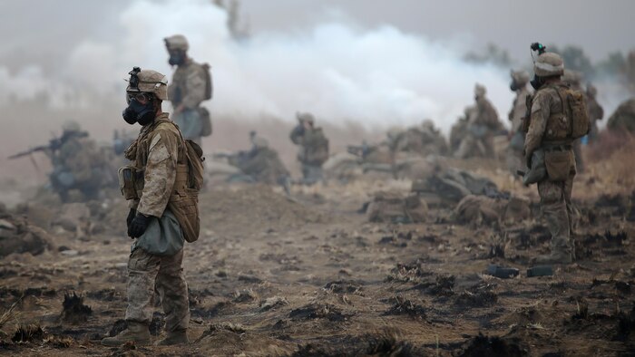 Range safety officers observe Marines from 1st Battalion, 1st Marine Regiment hold a defensive position while surrounded by CS gas August 18, 2016, at Bradshaw Field Training Area, Northern Territory, Australia. The range was the final training evolution of Exercise Koolendong 16, a trilateral exercise between the U.S. Marine Corps, Australian Defence Force and French Armed Forces New Caledonia. Marines held a defensive position while engaging targets and working through the CS gas, which simulated a chemical attack.