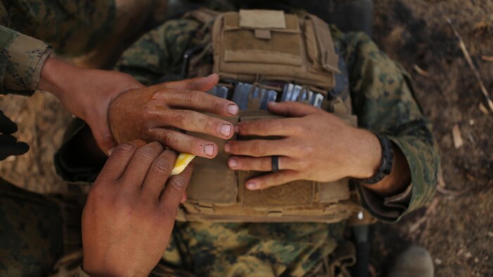 A simulated casualty is decontaminated after a CS gas attack, which imitated a chemical attack, after a live fire range August 18, 2016, at Bradshaw Field Training Area, Northern Territory, Australia. The range was the final training evolution of Exercise Koolendong 16, a trilateral exercise between the U.S. Marine Corps, Australian Defence Force and French Armed Forces New Caledonia. Marines held a defensive position while engaging targets and working through the CS gas.