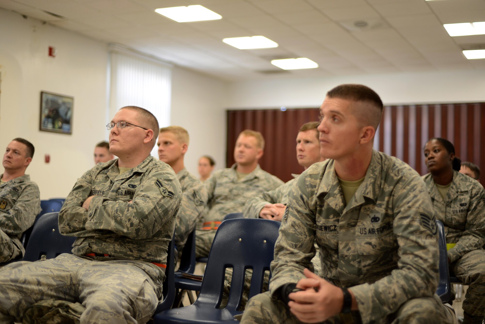 Members of Team MacDill attend pre-deployment briefings during a mobility exercise at MacDill Air Force Base, Fla., Aug. 16, 2016. The briefings were designed to educate the Airmen on important topics prior to deployment. (U.S. Air Force Photo by Airman 1st Class Rito Smith)