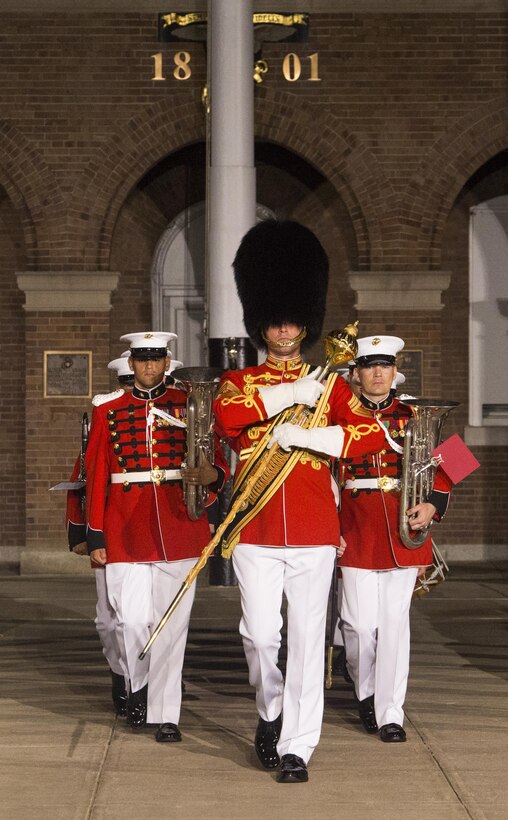 The United States Marine Band performs during the Noncommissioned Officer's Parade at Marine Barracks Washington, D.C., Aug. 19, 2016. The guest of honor for the parade was Adm. John M. Richardson, chief of Naval Operations and the hosting official was Gen. Robert B. Neller, commandant of the Marine Corps. (Official Marine Corps photo by Lance Cpl. Robert Knapp/Released)