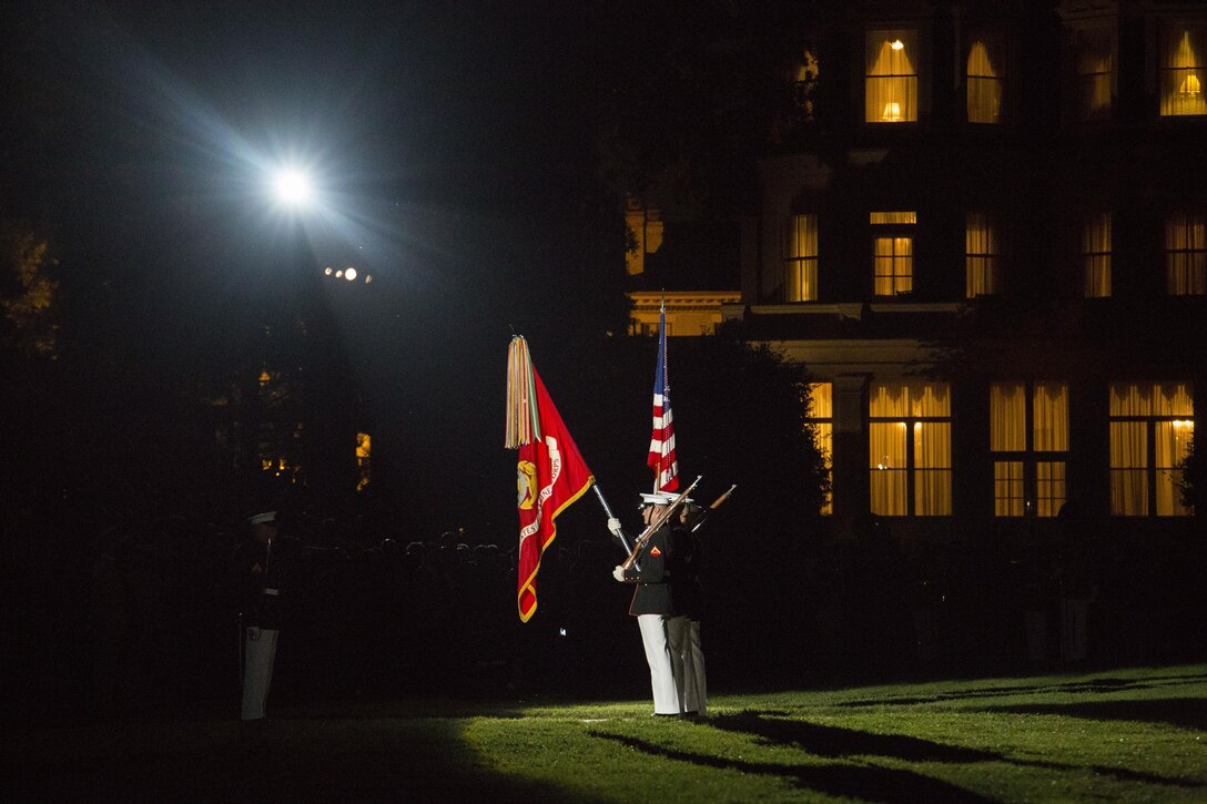 The United States Marine Corps Color Guard performs during the Noncommissioned Officer's parade Aug. 19, 2016. The guest of honor for the parade was Adm. John M. Richardson, chief of Naval Operations, and the hosting official was Gen. Robert B. Neller, commadant of the Marine Corps. (Official Marine Corps photo by Cpl. Andrianna Daly/Released)