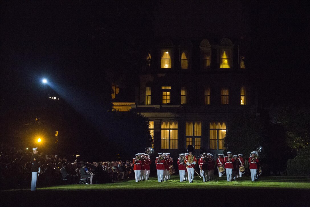 The United States Marine Band performs during the Noncommissioned Officer's parade Aug. 19, 2016. The guest of honor for the parade was Adm. John M. Richardson, chief of Naval Operations, and the hosting official was Gen. Robert B. Neller, commadant of the Marine Corps. (Official Marine Corps photo by Cpl. Andrianna Daly/Released)