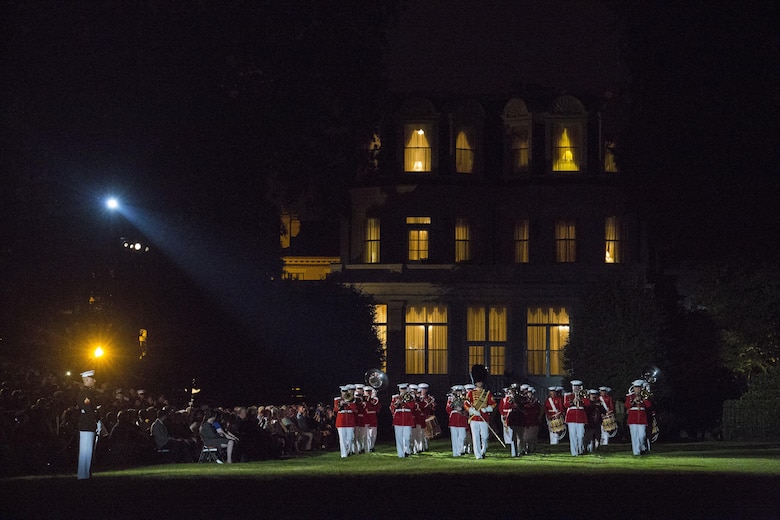 The United States Marine Band performs during the Noncommissioned Officer's parade Aug. 19, 2016. The guest of honor for the parade was Adm. John M. Richardson, chief of Naval Operations, and the hosting official was Gen. Robert B. Neller, commadant of the Marine Corps. (Official Marine Corps photo by Cpl. Andrianna Daly/Released)