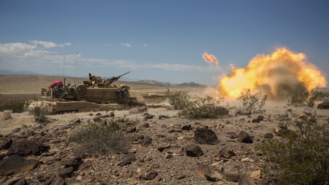 A U.S. Marine Corps M1A1 Abrams Tank, with Delta Company, 1st Tank Battalion, 1st Marine Division conducts offensive and defensive tactics during Large Scale Exercise on August 18, 2016, on Marine Corps Air Ground Combat Center. LSE-16 is designed to enhance the command and control, and interoperability between I Marine Expeditionary Force and its higher, adjacent and subordinate command headquarters.