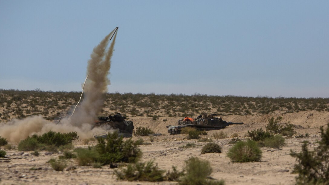U.S. Marines with Alpha Company, 1st Combat Engineer Battalion attached to 3rd Marine Regiment, 1st Marine Division fire a mine clearing line charge during Large Scale Exercise at Marine Corps Air Ground Combat Center, Calif., Aug. 17, 2016. LSE-16 is designed to enhance the command and control, and interoperability between I Marine Expeditionary Force and its higher, adjacent and subordinate command headquarters. 