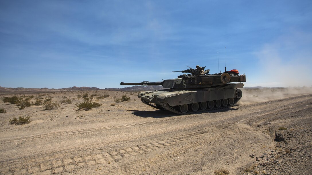 A U.S. Marine Corps M1A1 Abrams Tank, with Delta Company, 1st Tank Battalion, 1st Marine Division conducts offensive and defensive tactics during Large Scale Exercise at Marine Corps Air Ground Combat Center, Calif., August 17, 2016. LSE-16 is designed to enhance the command and control, and interoperability between I Marine Expeditionary Force and its higher, adjacent and subordinate command headquarters.