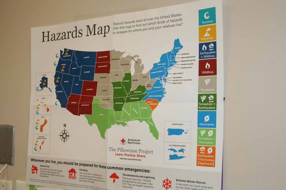Map of the United States indicating potential natural disasters each area could face. Viriginia is susceptible to hurricanes, as well as universal disasters such as house fires, thunderstorms, and floods.