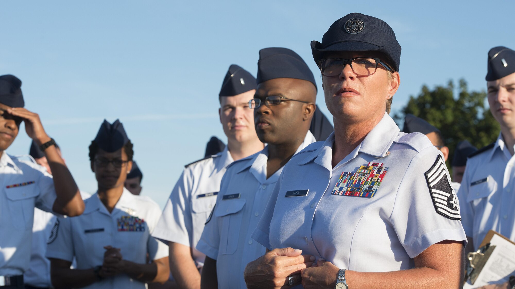 Chief Master Sgt. Kathleen Ross, 436th Logistics Readiness Squadron superintendent, speaks to LRS Airmen after the completion of an open-ranks inspection Aug. 17, 2016, on Dover Air Force Base, Del. Squadron superintendents provide leadership, management and guidance in organizing, equipping, training, and mobilizing the group to meet home station and expeditionary mission requirements. (U.S. Air Force photo/Senior Airman Zachary Cacicia)