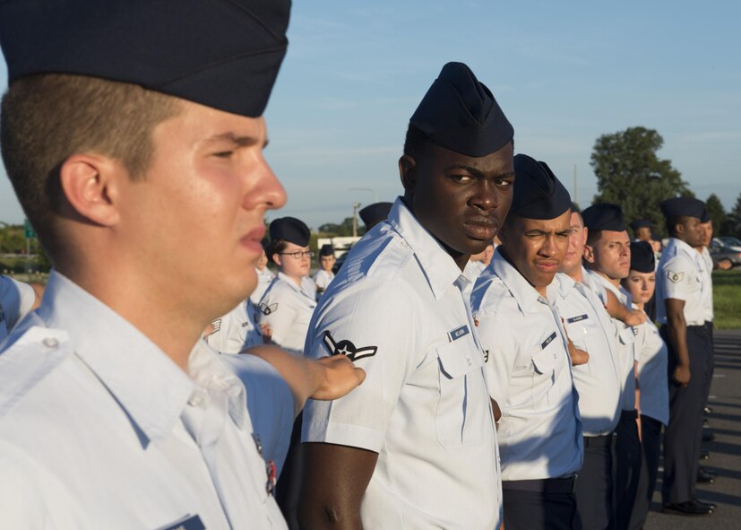 Airmen from the 436th Logistics Readiness Squadron conducts an open-ranks inspection Aug. 17, 2016, on Dover Air Force Base, Del. The entire squadron participated in this inspection. (U.S. Air Force photo/Senior Airman Zachary Cacicia)