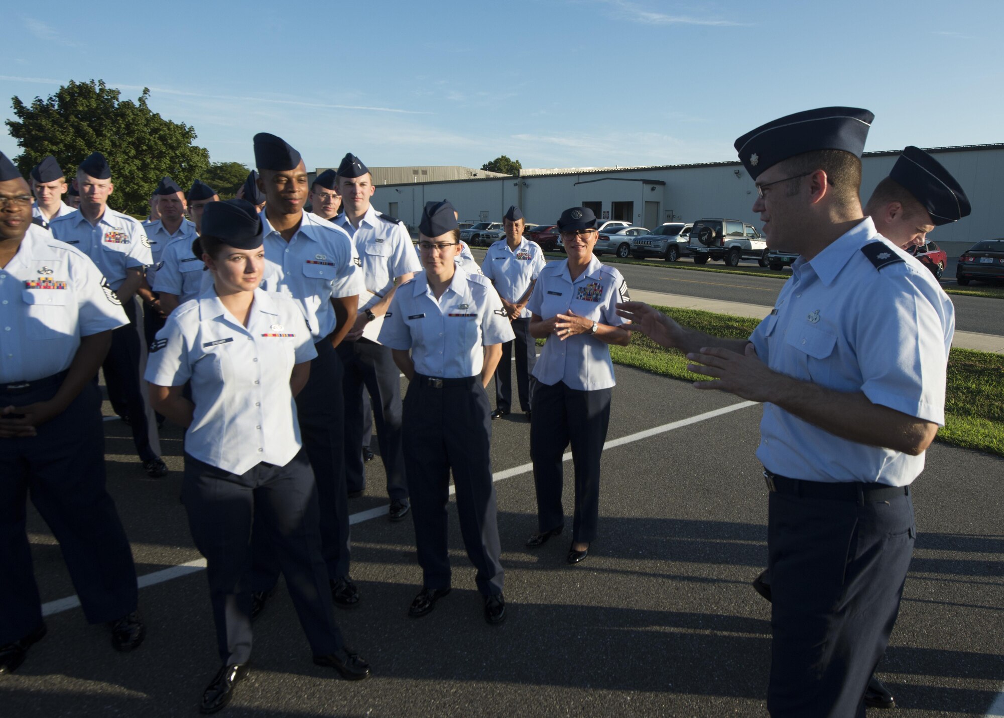 Lt. Col. Todd Walker, 436th Logistics Readiness Squadron commander, speaks to Airmen under his command after an open-ranks inspection Aug. 17, 2016, on Dover Air Force Base, Del. The squadron is planning to hold these inspections quarterly. (U.S. Air Force photo/Senior Airman Zachary Cacicia)