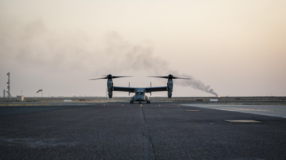 U.S. Air Force Lt. Gen. Jeffrey L. Harrigian, commander of U.S. Air Forces Central Command and Combined Forces Air Component, U.S. Central Command, prepares to pilot an MV-22 Osprey with U.S. Marine Maj. Eric Keith, executive officer for Marine Medium Tiltrotor Squadron 363, Special Purpose Marine Air-Ground Task Force – Crisis Response – Central Command during a recent tour of the area of operations. USAFCENT and the CFACC oversees the development of contingency plans, conduct of air operations, and provides guidance for the coalition air campaign spanning 20 nations.